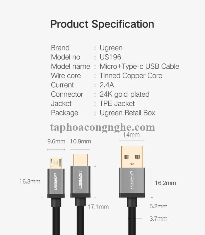 Ugreen 30571 0.5m màu xanh Cáp USB-A 2.0 sang Micro USB + USB-C US196 30030571